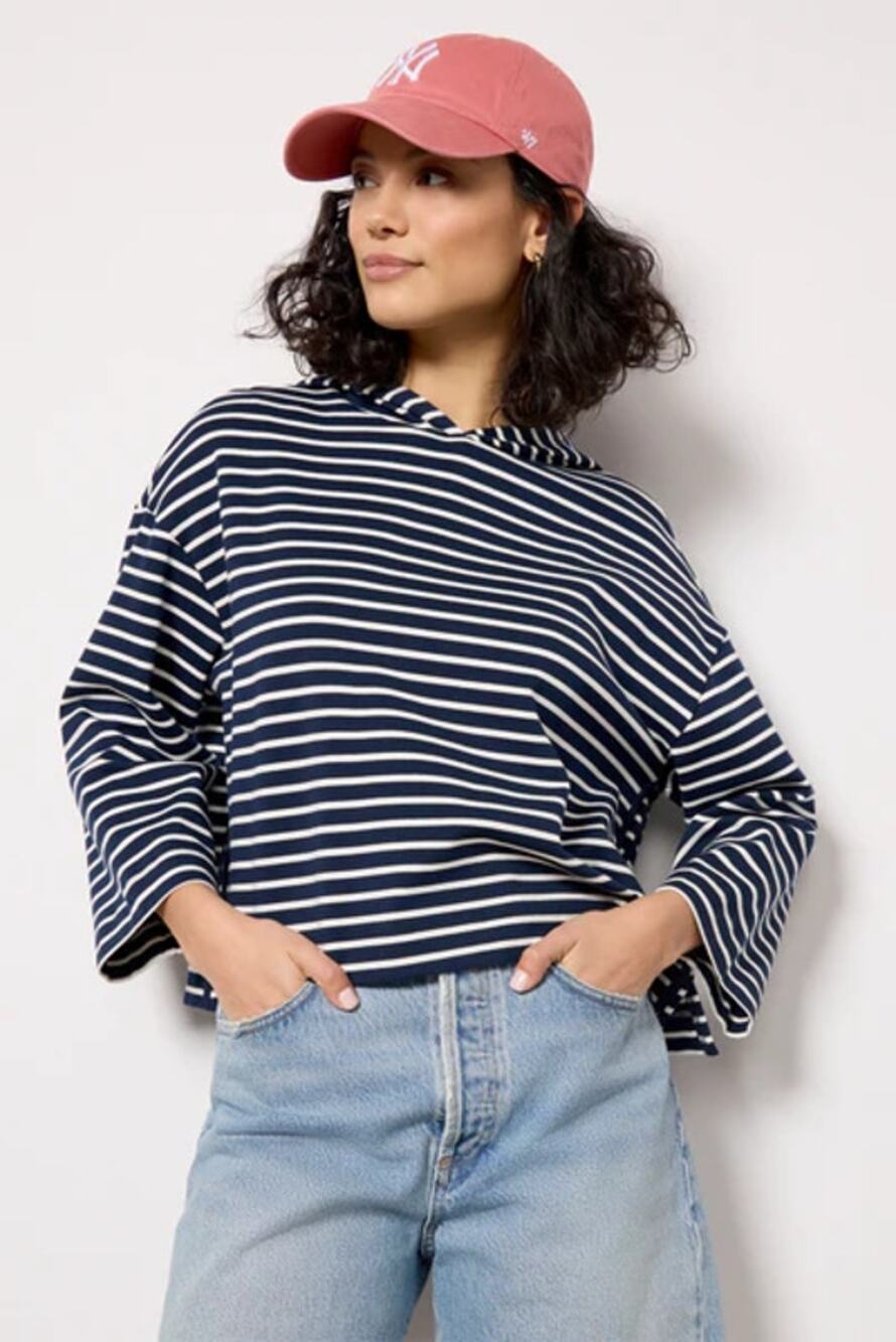 NEW Evereve Mia Stripe Hoodie Women's Navy Blue Pullover Boxy Long Sleeve M